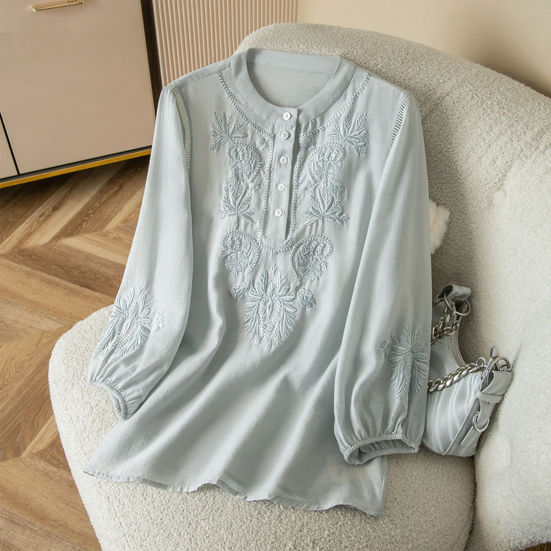 ZHANGLIXI鬼绉青花瓷桑蚕丝刺绣衬衫上衣感宽松显瘦GZCS008