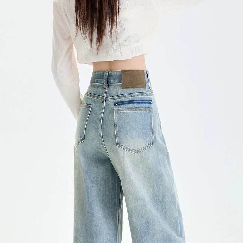 浅色阔腿牛仔裤女春季2025新款宽松直筒高腰显瘦拖地裤子