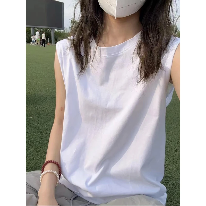 白色纯棉坎袖背心男夏季小袖口美式运动坎肩重磅螺纹领口无袖t恤