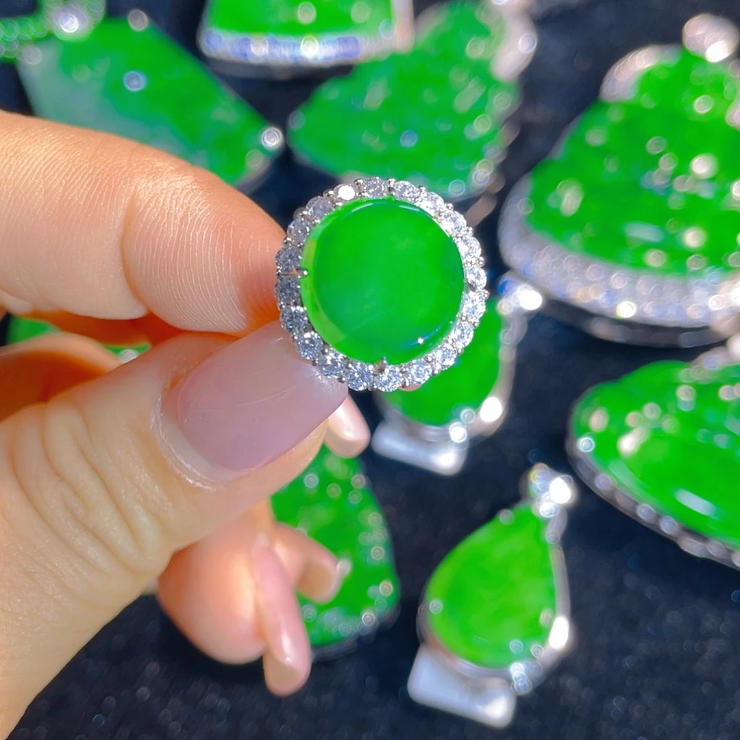 翡翠戒指银S925镶嵌天然