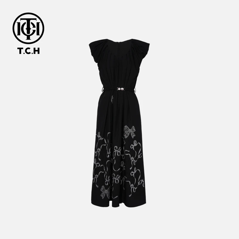 TCH轻奢烫钻工艺时尚休闲百搭气质连衣裙女T75B30E1060私服tch
