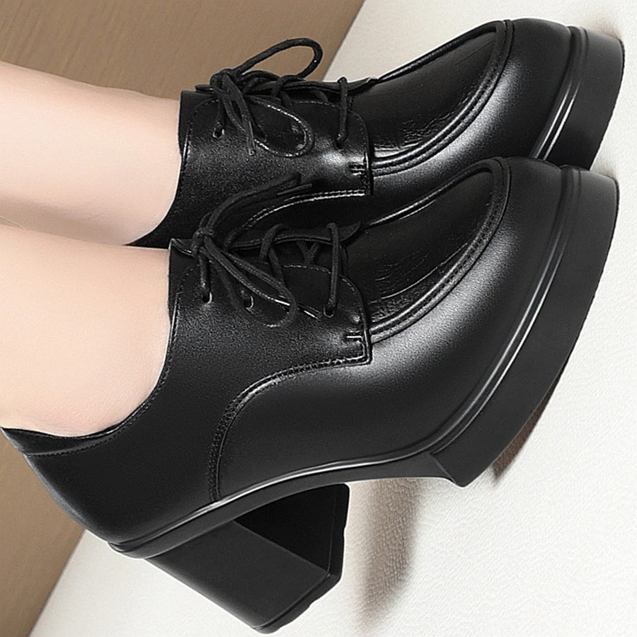 新款深口高跟鞋黑色百搭英伦风系带单鞋真皮软底防水女士方跟鞋