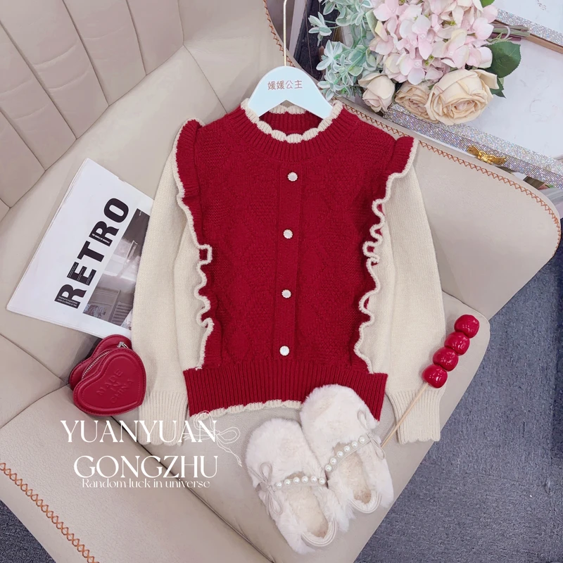 媛媛公主媛【赤锦绛云】2024冬女童萌娃穿搭气质加厚毛衣14414A079