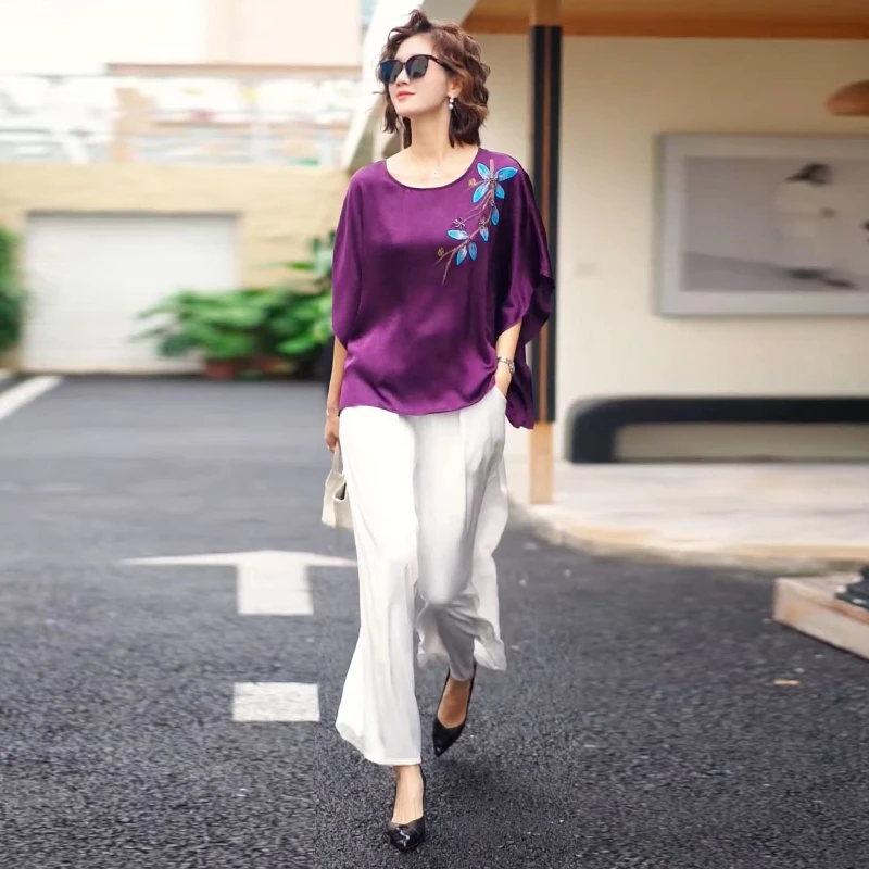 轻奢风洋气上衣两件套夏季新款休闲大码女装T恤衫+阔腿裤气质套装