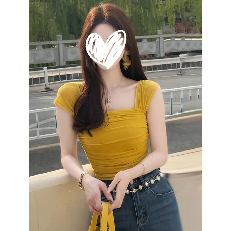 辣妹别致不规则方领短款上衣女2025夏新款设计感小众法式短袖T恤