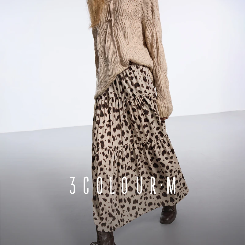 三彩2025春季新款豹纹半身裙松紧腰A字裙宽松显瘦长裙优雅气质女M