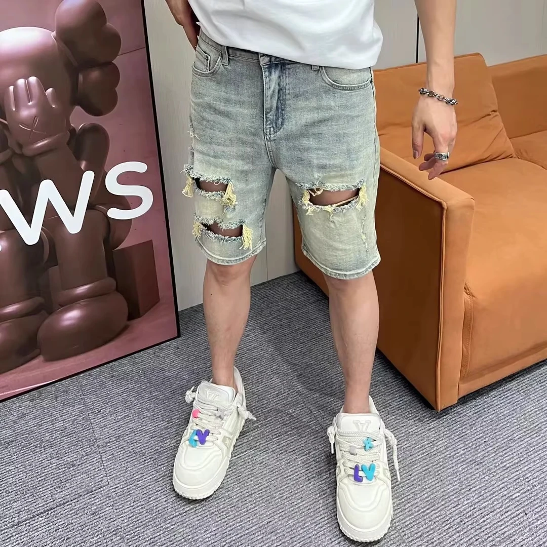 2025夏季新款潮流复古做旧休闲五分裤泥黄色破洞小直筒牛仔短裤男