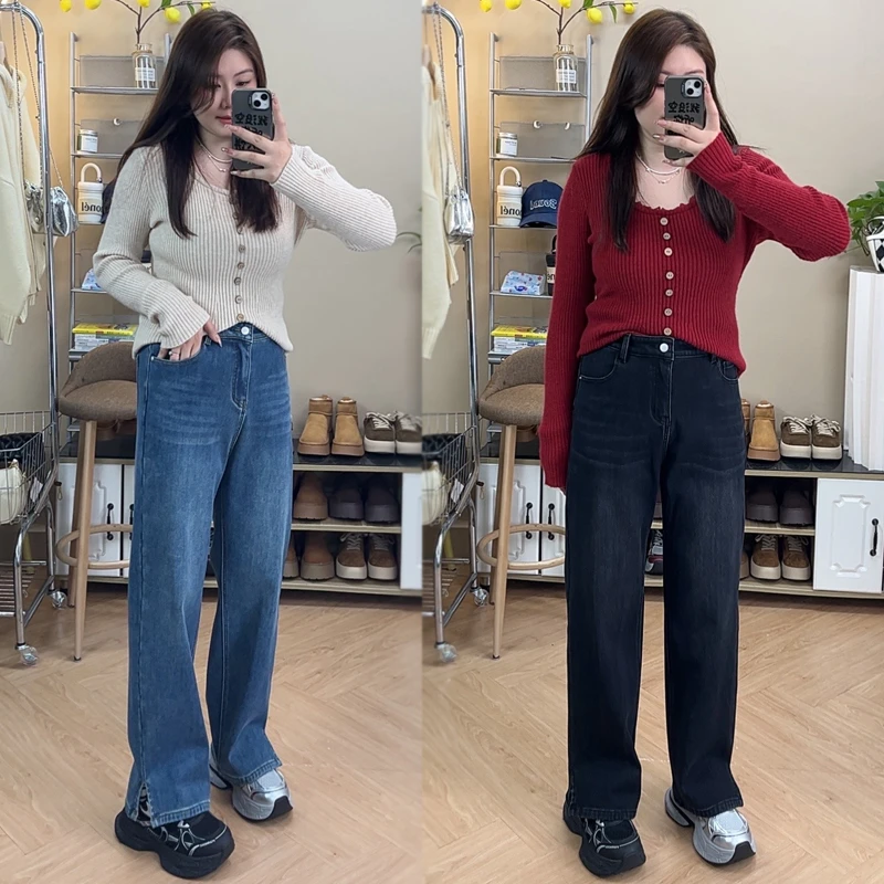 高腰显瘦开叉牛仔裤女2025春季高弹力长裤垂感宽松拖地直筒阔腿裤