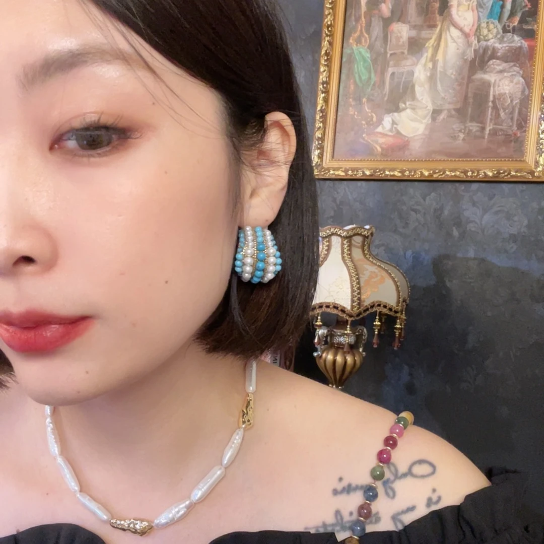 黄铜琉璃925银蓝白耳饰