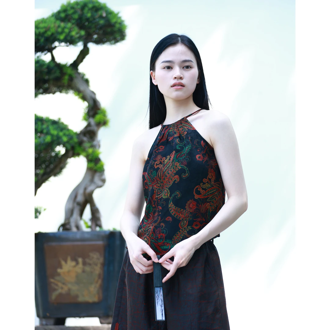 【羿尘】100%桑蚕丝新中式提花性感肚兜绑带背心真丝吊带休闲复古