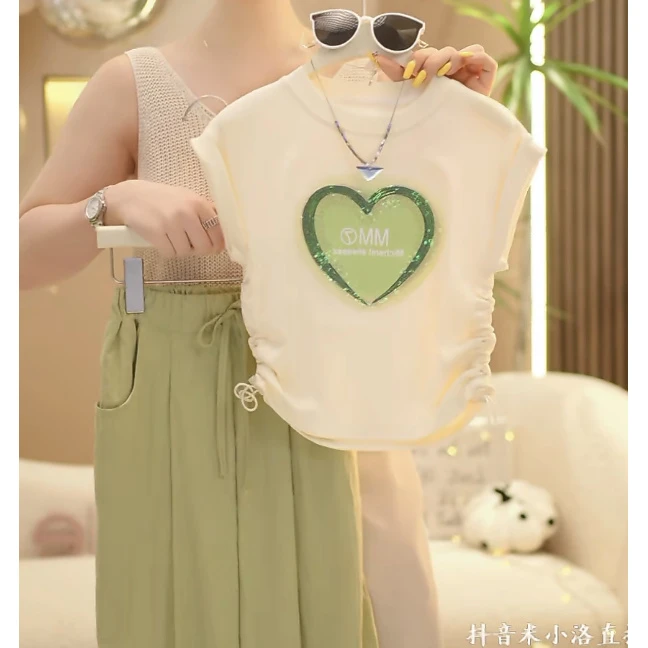 【现货在仓】2025新款女童夏季爱心洋气时尚绿色阔腿宽松韩版套装