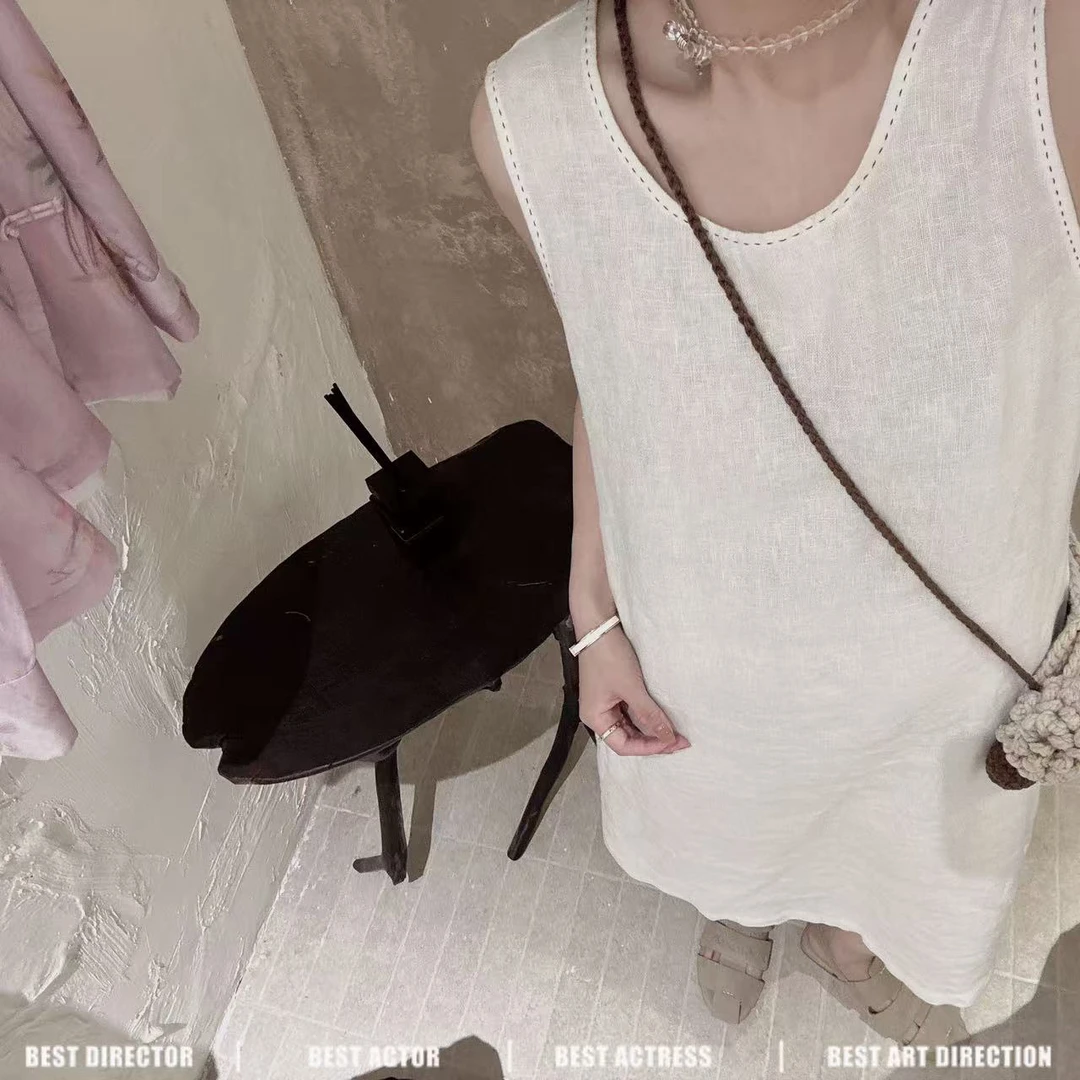 无袖棉麻波纹长裙夏季连衣裙休闲中长肩带连衣裙黑色旗袍裙子纯色