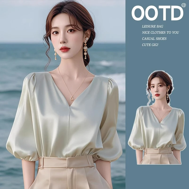 法式轻奢醋酸缎面甜辣妹半袖衬衫女士设计感夏季独特别致气质上衣