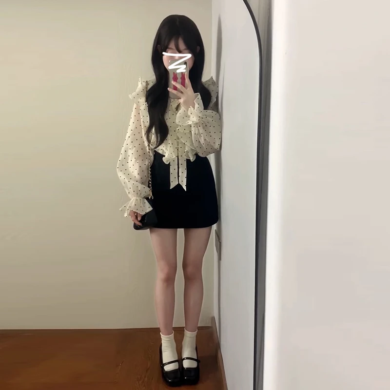 5585法式波点半身连衣裙子女高级感2025新款早秋韩系小个子穿搭