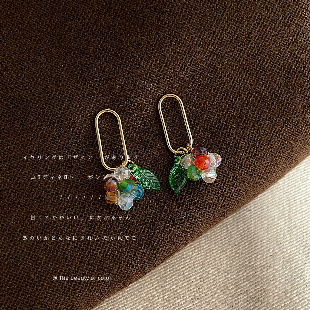 925银耳饰 银针镀缤纷色彩水晶串珠耳环女手作设计感耳钉工厂耳饰