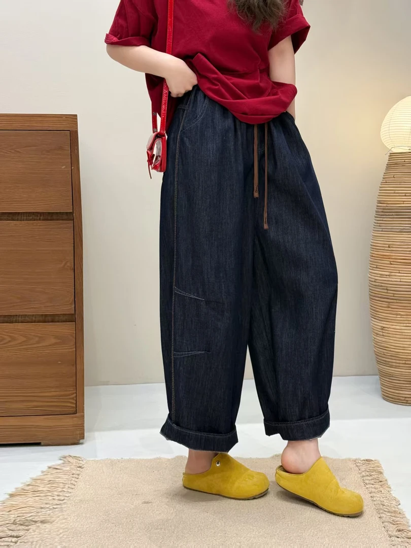 2025九分裤春款高货刺绣宽松厚款百搭简单款闲松紧水洗哈伦裤牛仔