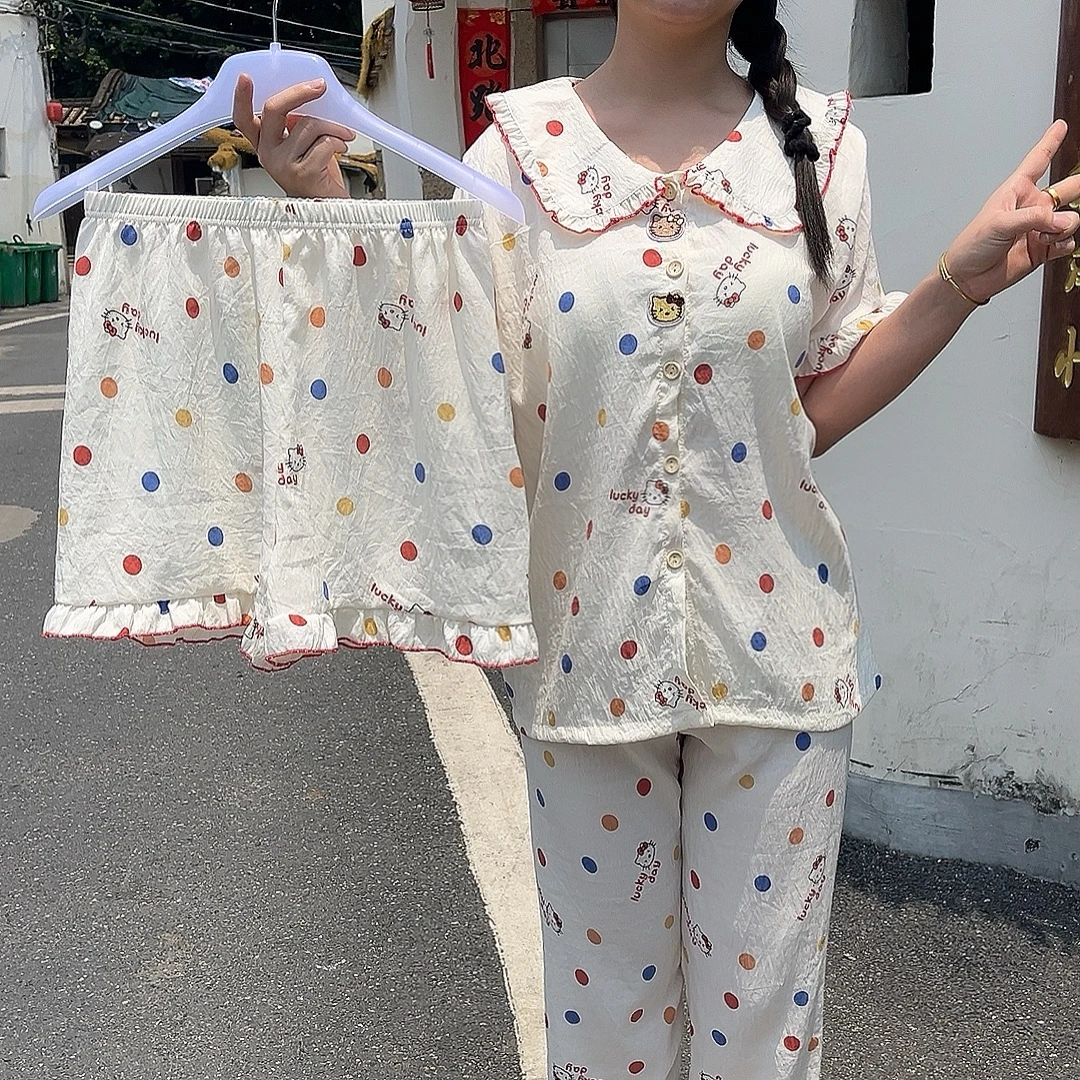 2025年新款带胸垫三件套睡衣女夏季短袖云朵棉可爱KT猫爆款家居服