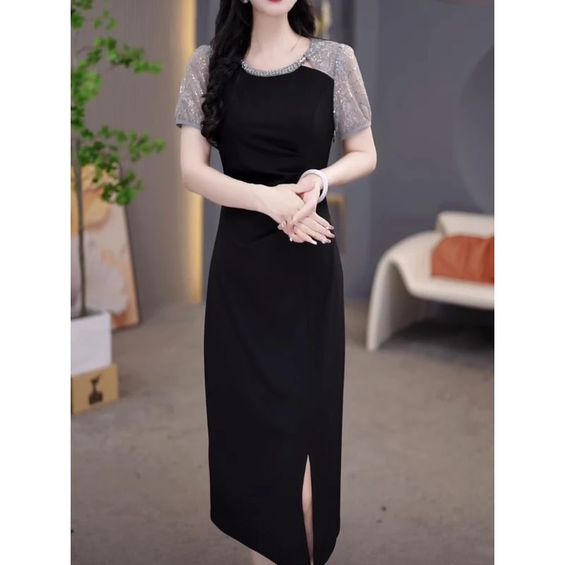 【连衣裙】2025夏季新款灰黑小众拼接时髦洋设计长款修身连衣裙