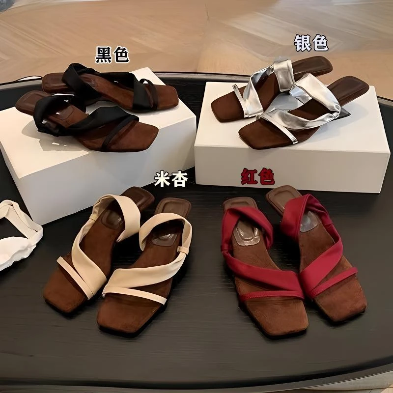 【葡萄妈同款】跟高5.5cm~气质方头一字带露趾粗跟坡跟凉拖鞋女夏季