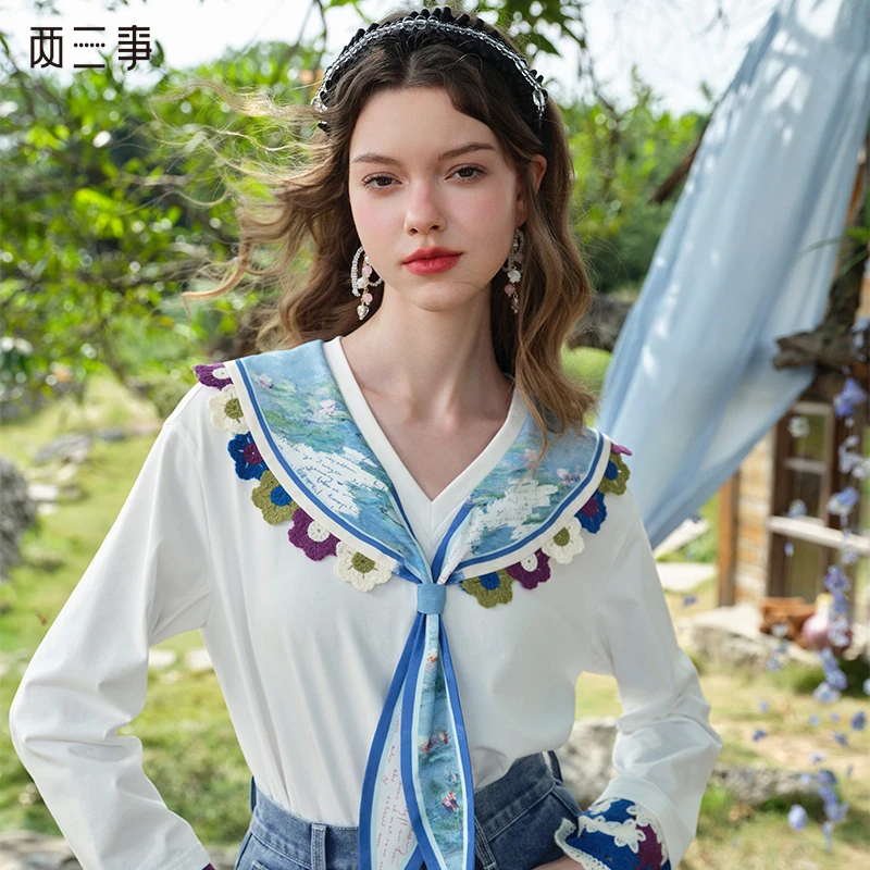 两三事 梦游仙翼 2025春季新款印花海军领镂空勾花拼接长袖t恤女