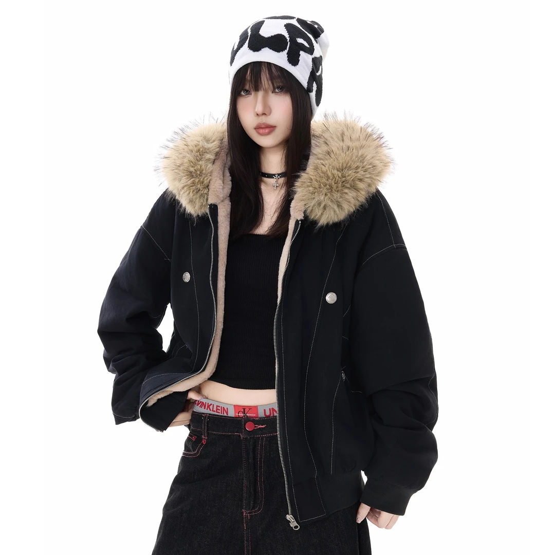 ZAVK秋冬新款美式座山雕毛领连帽外套女款加厚保暖设计感百搭棉衣