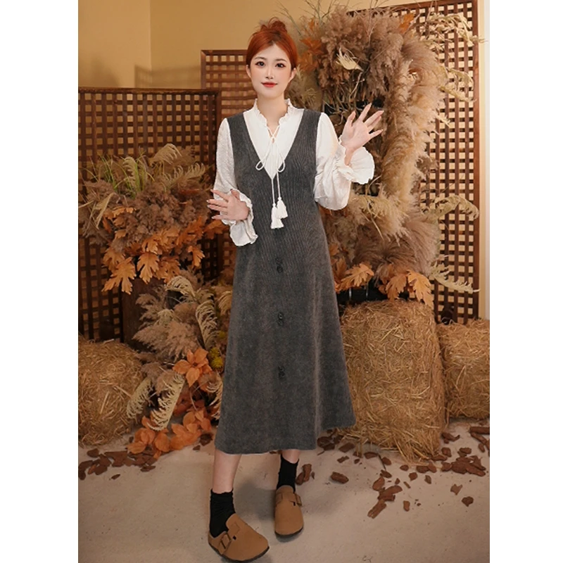 《哆啦》秋冬大码女装微胖穿搭收腰显瘦胖妹妹拼接假俩件连衣裙9151