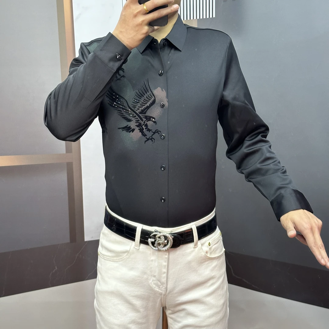 法拉盾甄选新款免烫弹力时尚欧货重工印花烫钻春长袖衬衣8810克