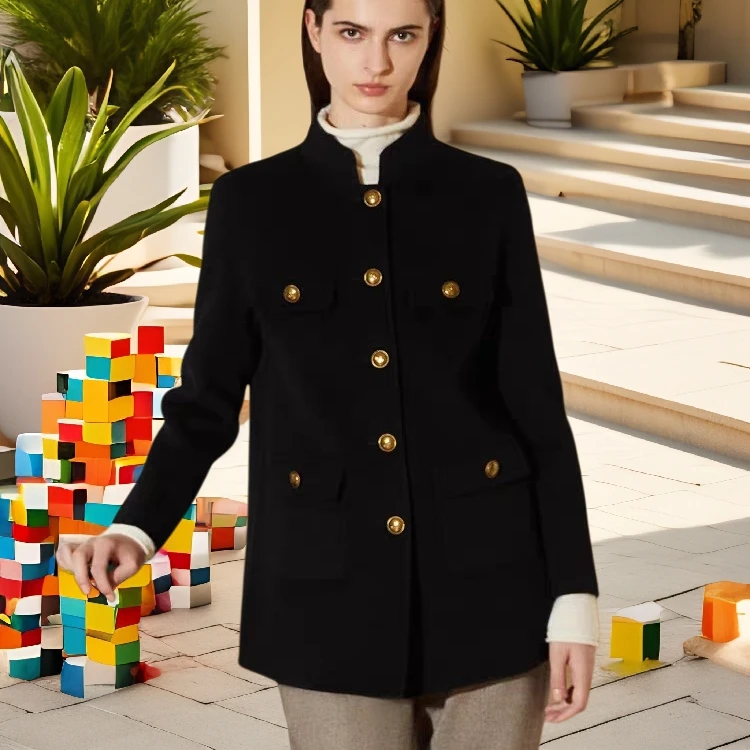 纯色立领毛呢双面呢冬季呢子大衣女装新款黑色时尚秋冬外套排扣