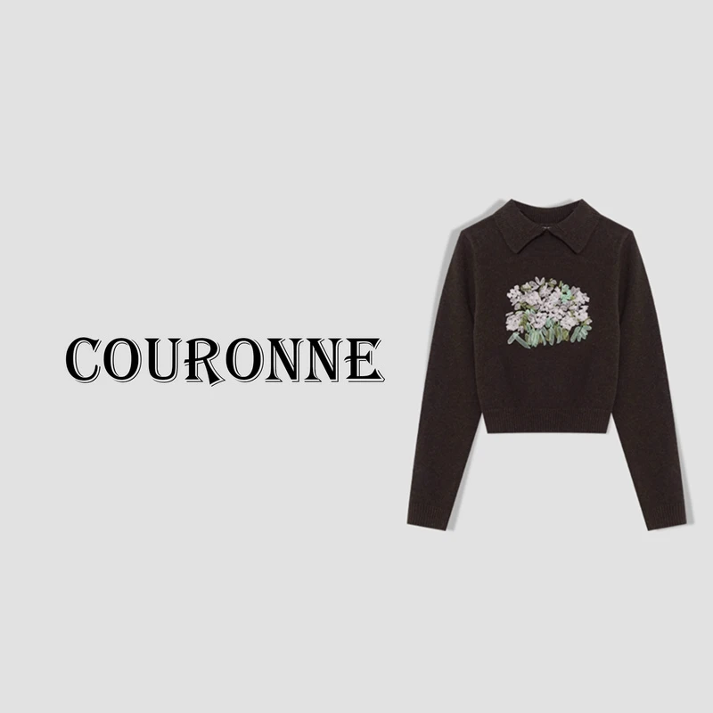 【小熊】-秋冬气质减龄显瘦百搭休闲花朵刺绣翻领针织毛衣30646