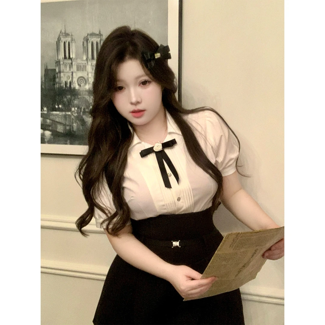 KIKI微胖mm大码女装泡泡袖衬衣蝴蝶结学院风气质显瘦小个子套装