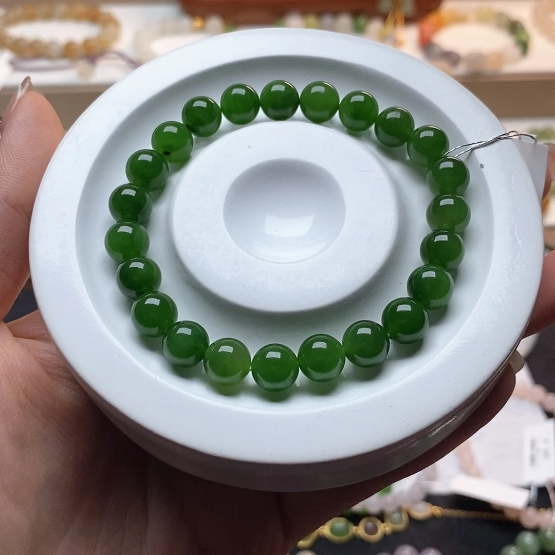 和田玉手串未镶嵌俄碧辣阳绿8mm手串