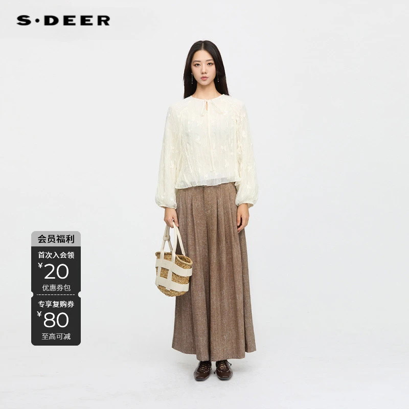 S·DEER圣迪奥女装系带刺绣提花长袖奶白宫廷风衬衫上衣S253Z3206