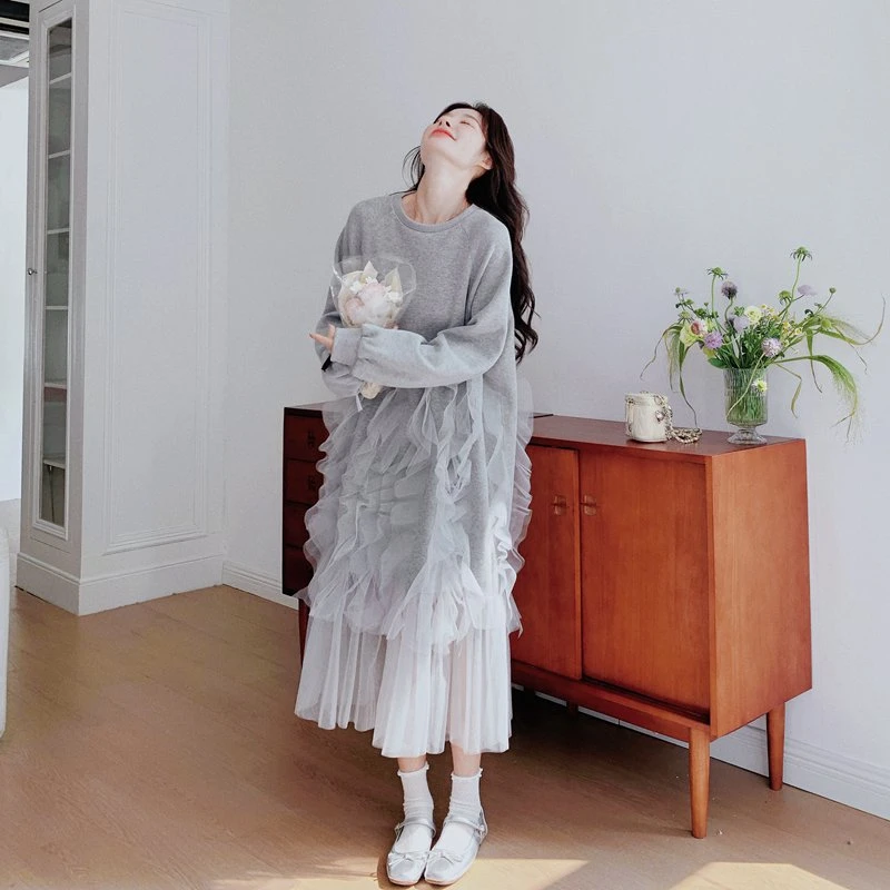 网纱拼接灰色卫衣连衣裙女2025春秋韩系洋气减龄超仙芭蕾风长裙