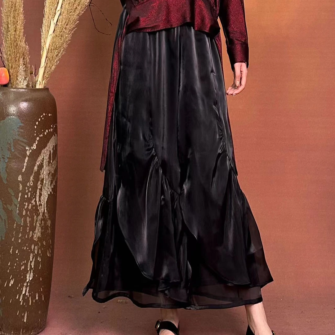 【希之韵】K1516新款黑色拼纱水光丝设计师款时尚阔腿裤