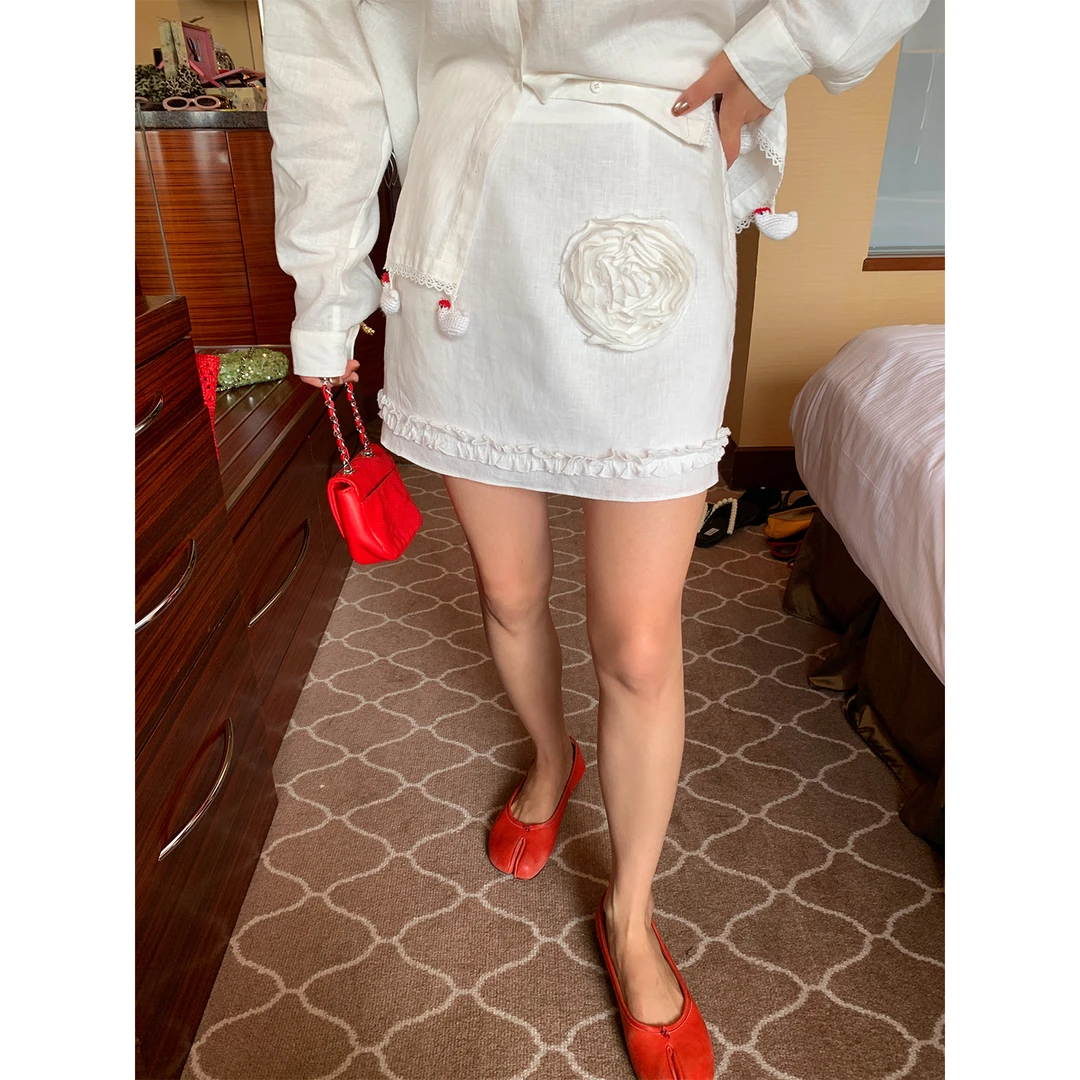 落落狷介 半身裙女2025新款白色设计感小众亚麻半裙包臀裙小个子