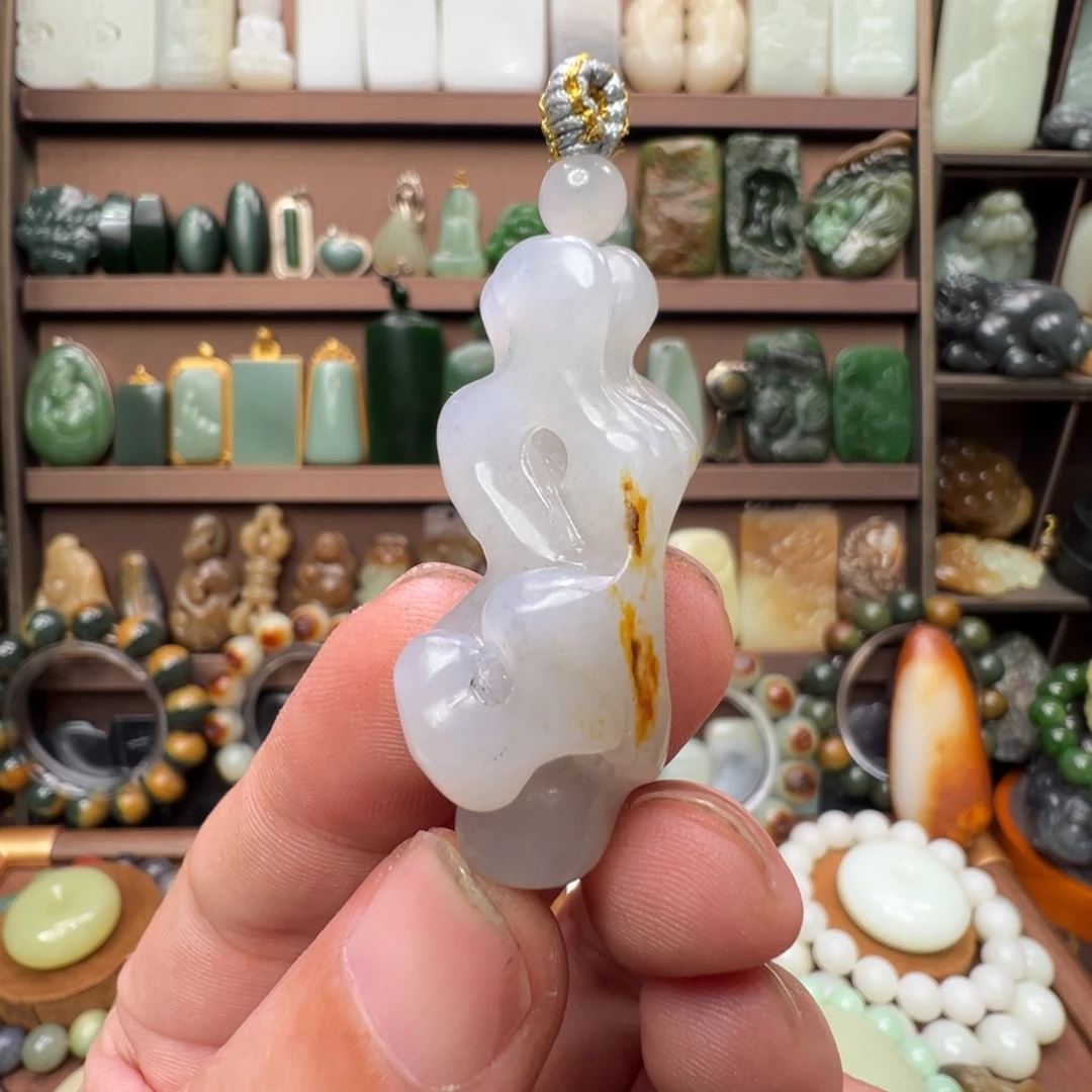 和田玉未镶嵌颈饰新疆原皮色白玉底点墨青花手工雕刻太湖石柔光油