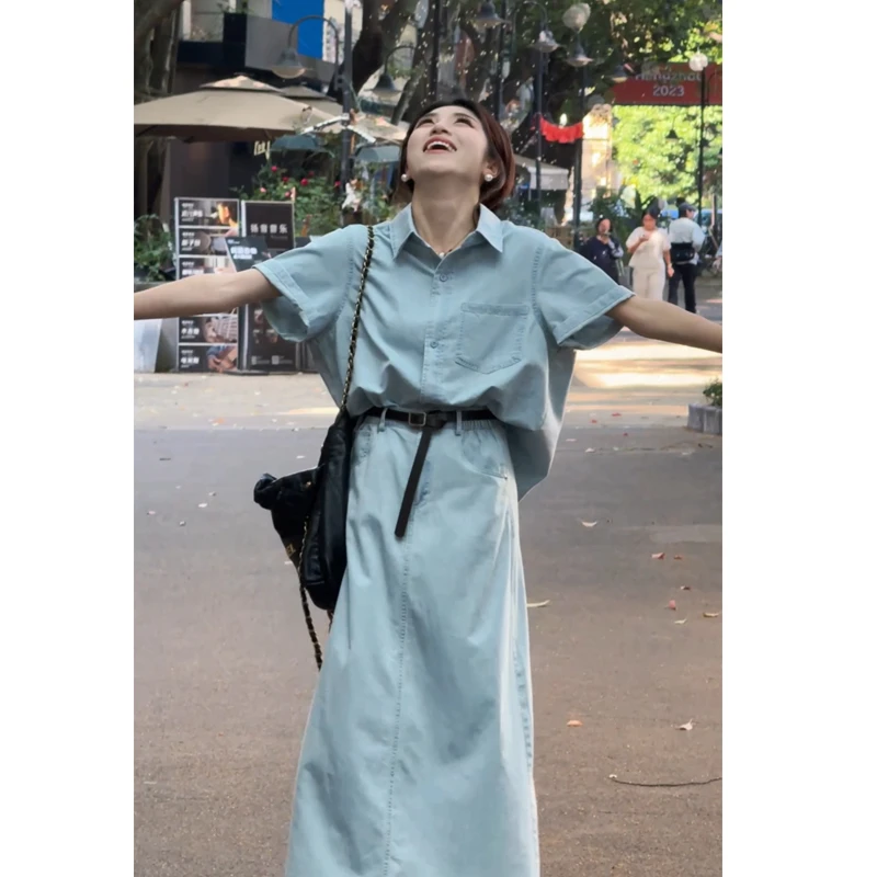 牛仔套装夏季衬衫套装裙女2025新款宽松休闲短袖半身裙两件套