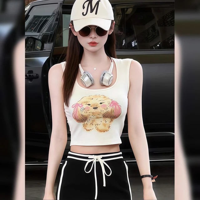 奶白色卡通狗狗印花短款吊带背心女2025新款夏季纯欲甜辣chic上衣