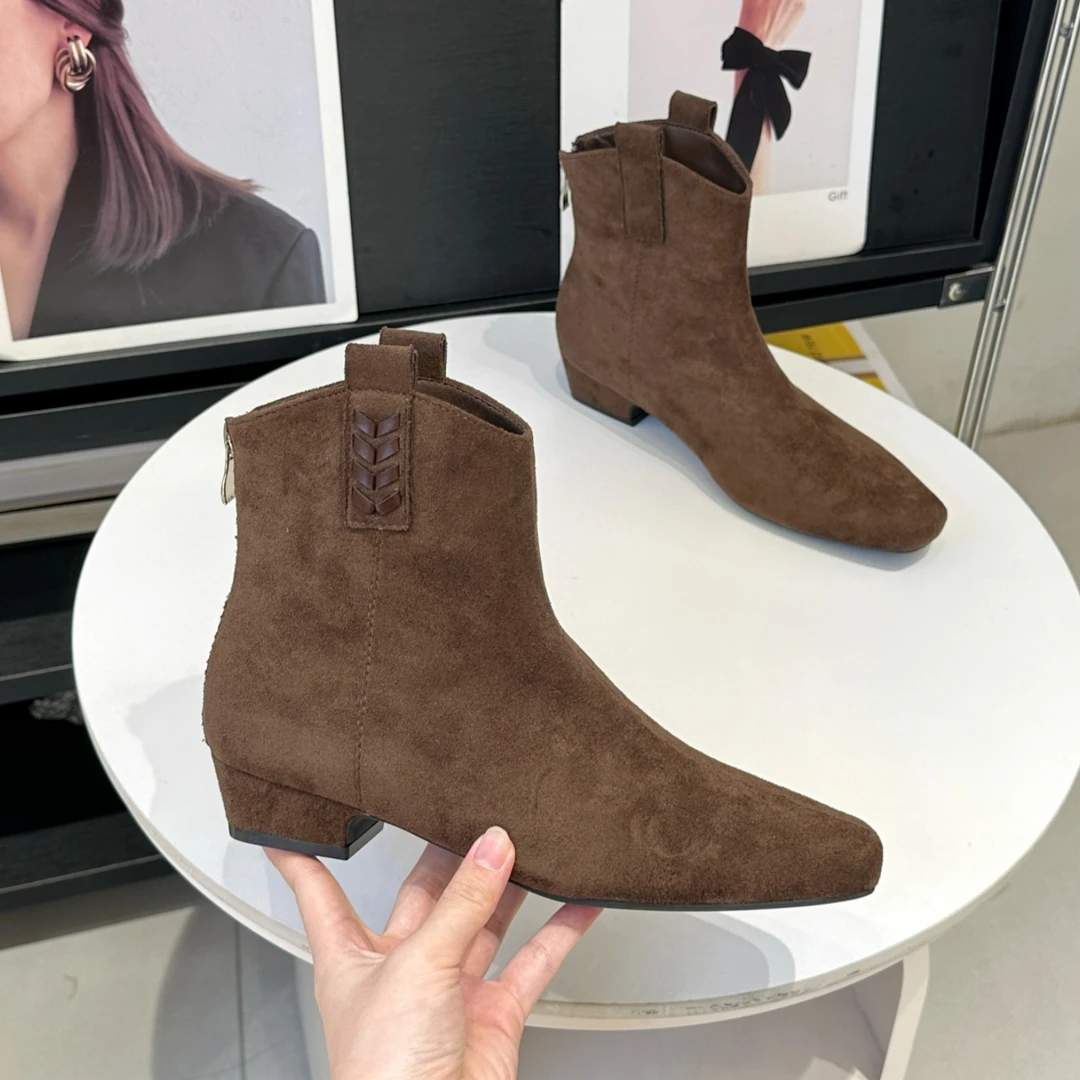 复古绒面瘦瘦靴女2025秋季新款法式方头粗跟内增高短靴短筒弹力靴