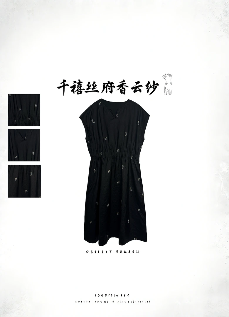 【千禧专属】8107香云纱桑蚕丝休闲时尚气质百搭黑龟刺绣连衣裙