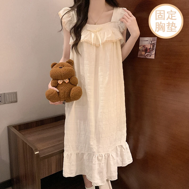 固定胸垫吊带无袖睡衣女夏季薄款睡裙甜美公主风简约中长裙家居服
