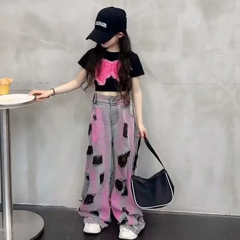 女童夏季套装2025新款蝴蝶贴布短袖扎染字母破洞夏季薄款牛仔裤