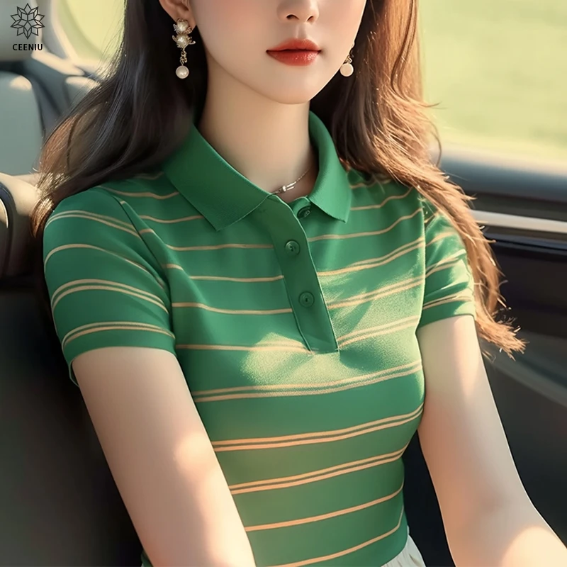 CEENIU时尚独特绿色条纹POLO领短袖T恤女装夏季款别致超好看小衫