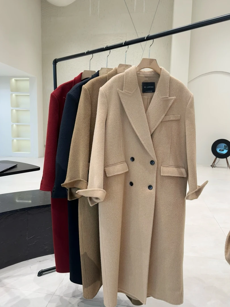 《纯黑》2025全新纯手工缝制100绵羊毛双面呢大衣冬季新款外套