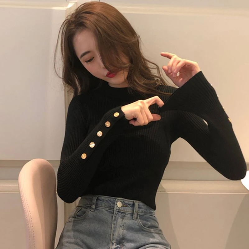 秋冬半高领毛衣女洋气百搭袖扣别致打底衫修身针织衫女高级感上衣