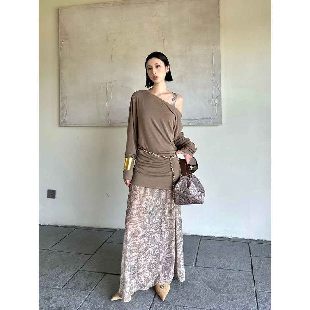 ODTD 设计师品牌 25早秋 腰果花撞色真两件抽褶斜肩连衣裙 SOLSOL