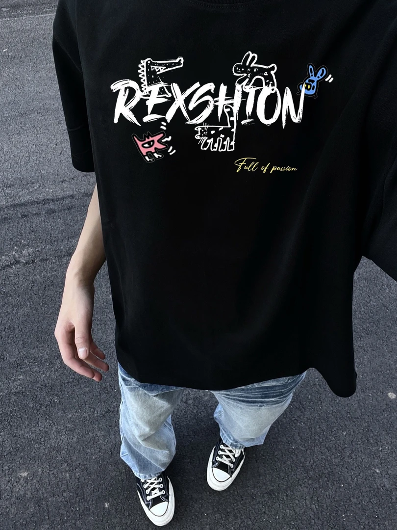 美式重磅纯棉卡通涂鸦字母印花百搭宽松透气圆领短袖T恤男女同款