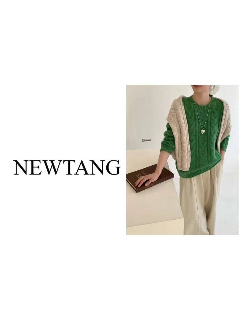 【圆领大麻花】337(含羊毛)时尚竖条麻花针织衫女慵懒风 绿色