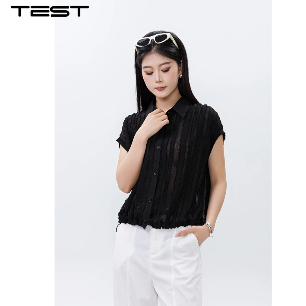 她之蝶25夏季百搭洋气减龄宽松短袖抽绳下摆衬衫上衣1252195