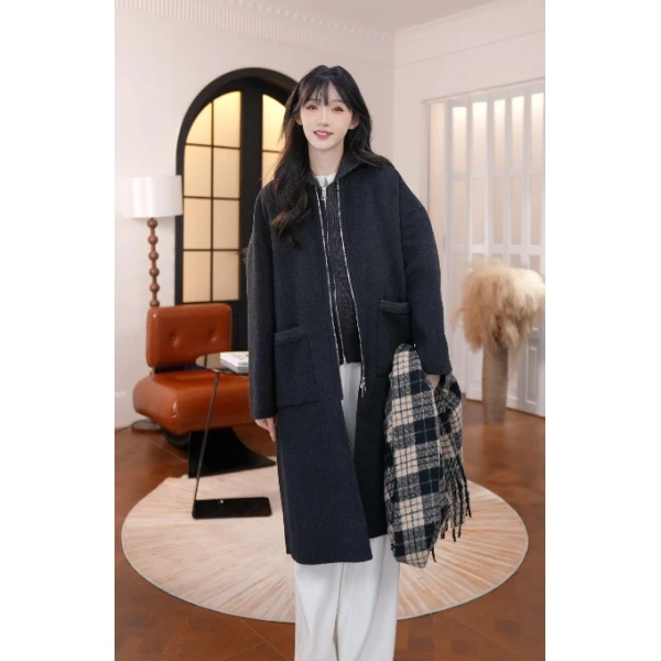 HSTYLE/韩都衣舍25年新款韩系中长款显瘦休闲风重磅拉链羊毛大衣